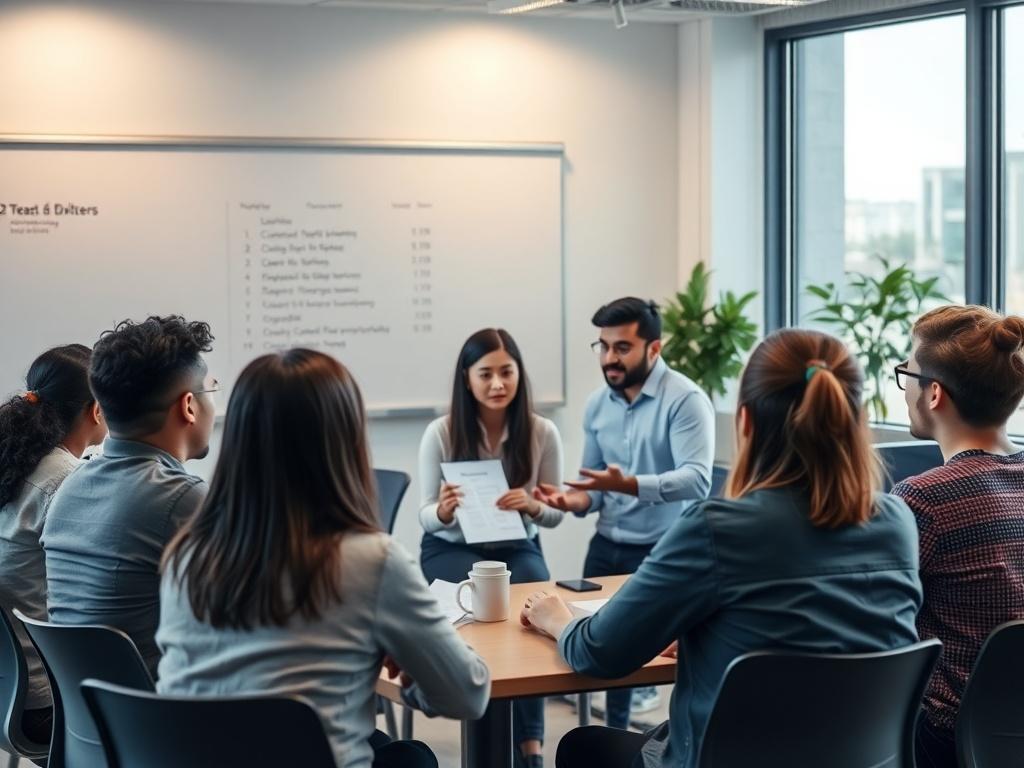A high-resolution photo of an instructor explaining pricing options to a group of engaged students in a modern classroom setting. Soft lighting and a calm atmosphere enhance the learning experience.