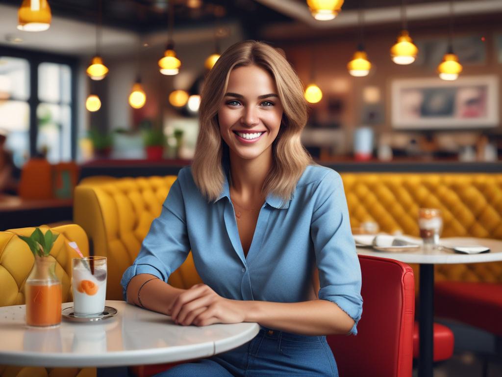 A cheerful young woman with a captivating smile, wearing a
