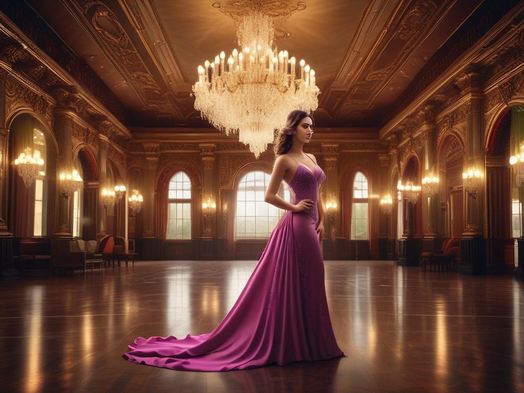 A graceful woman in an elegant evening dress, standing in