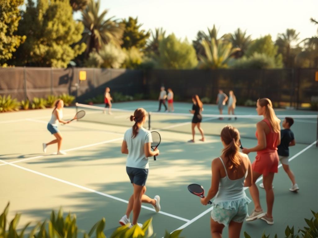 A serene outdoor padel court bathed in gentle sunlight, surrounded by lush greenery. A diverse group of people playing padel, showcasing joy and teamwork. The atmosphere is peaceful and inviting, capturing the essence of connection and sportsmanship. Soft tones and gentle lighting enhance the emotional warmth of the scene.
