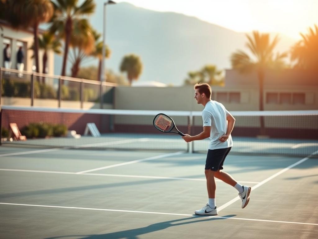 A high-resolution photo of a padel court during a corporate event. The scene features a single padel player in action, showcasing their skills with a paddle in hand. The background is softly blurred, capturing the essence of a sunny day with gentle lighting, emphasizing a peaceful and inviting atmosphere. The color scheme should harmonize with rgb(50, 170, 39), highlighting the vibrant energy of the game while ensuring the focus remains on the player.