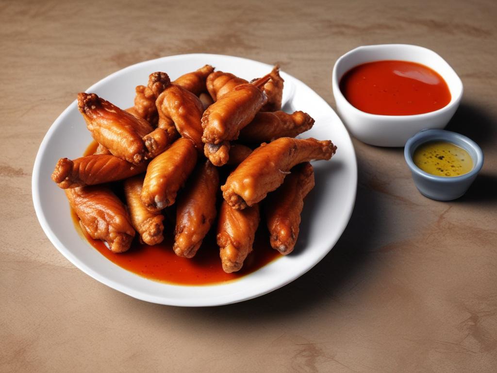 a plate of spicy chicken wings with dipping sauce, high