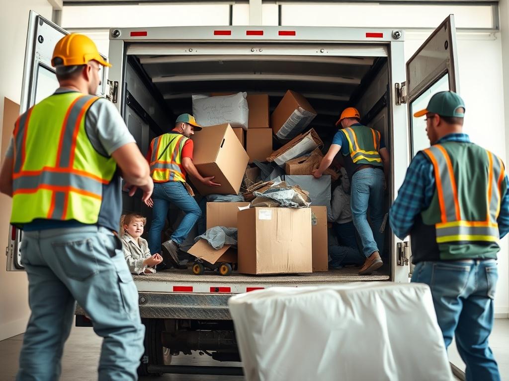 A close-up shot of a professional junk removal team in action, efficiently loading items into a truck. The focus should be on the teamwork and energy of the workers, with a bright, clean background showcasing a cleared space.