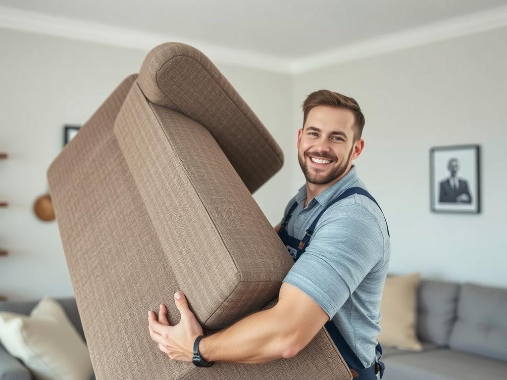 A close-up shot of a professional junk removal team member efficiently lifting a single old piece of furniture, like a sofa, with a clean and tidy background of a living room. The person appears focused and determined, with a bright smile, showcasing an active and reliable service presence.