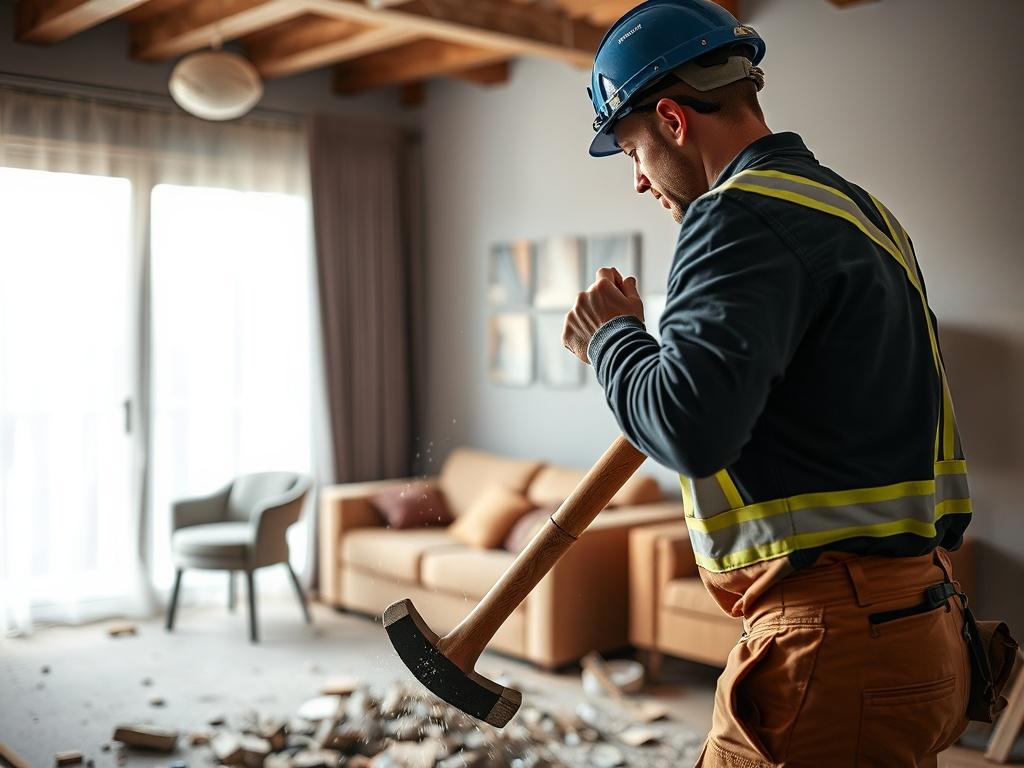 A focused shot of a demolition team member using a sledgehammer to safely break down a small partition wall in a living room. The image captures the action, showcasing professionalism and care in a controlled environment.