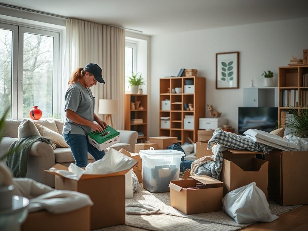 A highly detailed image of a clean, organized living room with a team member sorting through items, categorizing them for removal. Natural light streams in through windows, illuminating the space, highlighting the contrast between clutter and cleanliness.
