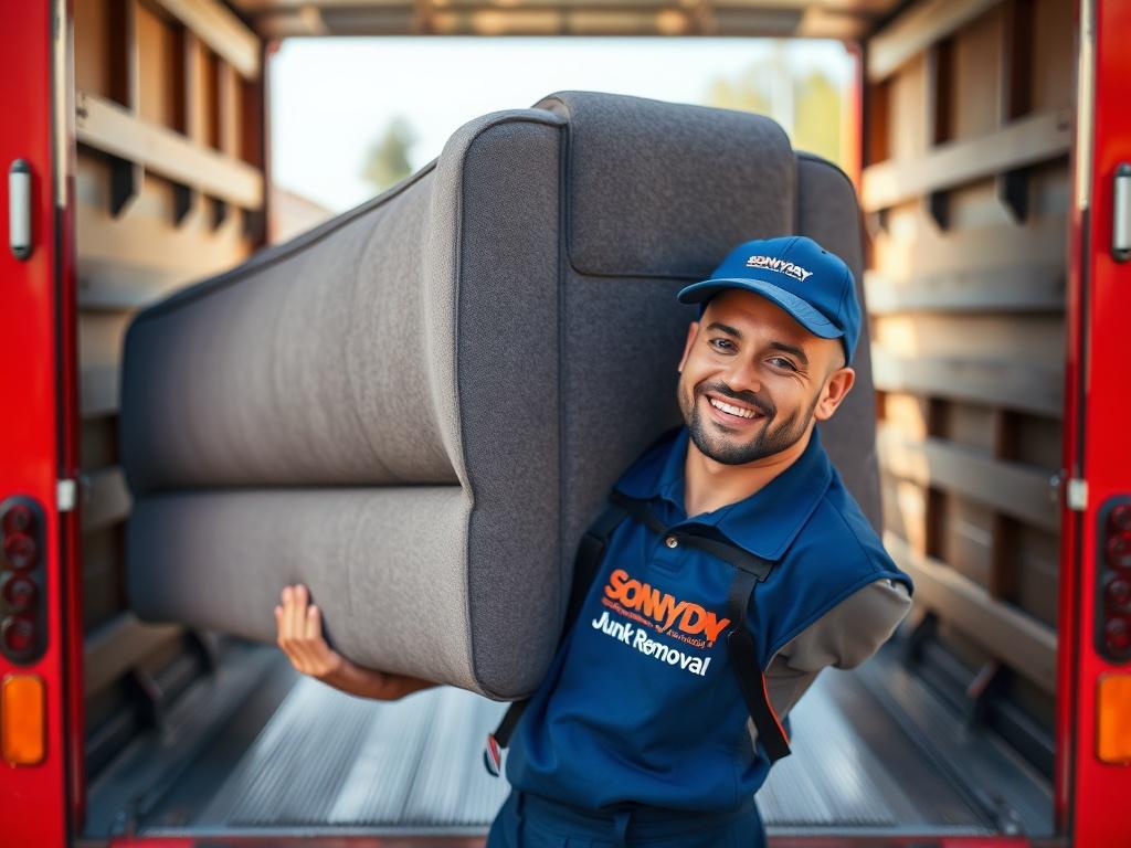 A close-up shot of a smiling worker lifting a single large piece of furniture, such as a couch, into a truck. The background shows a clean driveway, emphasizing the removal process. The worker wears a branded Sonny Day Junk Removal uniform, showcasing professionalism. The image should be realistic and vibrant, capturing the essence of efficient junk removal.