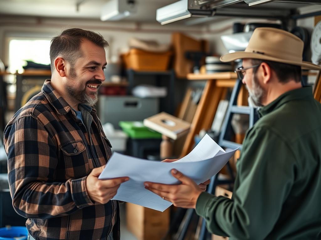 A close-up of a friendly junk removal expert discussing plans with a homeowner in a cluttered garage. The background should show various items that need to be removed, creating a sense of collaboration and understanding. The image should capture the warmth of customer service. Shot with a 45mm f/1.2 lens.