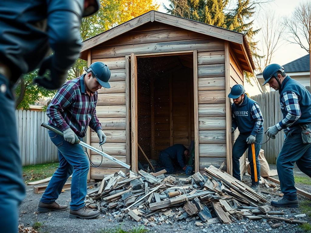 A dynamic shot of a team from Sonny Day Junk Removal performing light demolition work on a small wooden shed, with tools and debris in focus. The background should be a suburban setting to emphasize the residential aspect of the project.