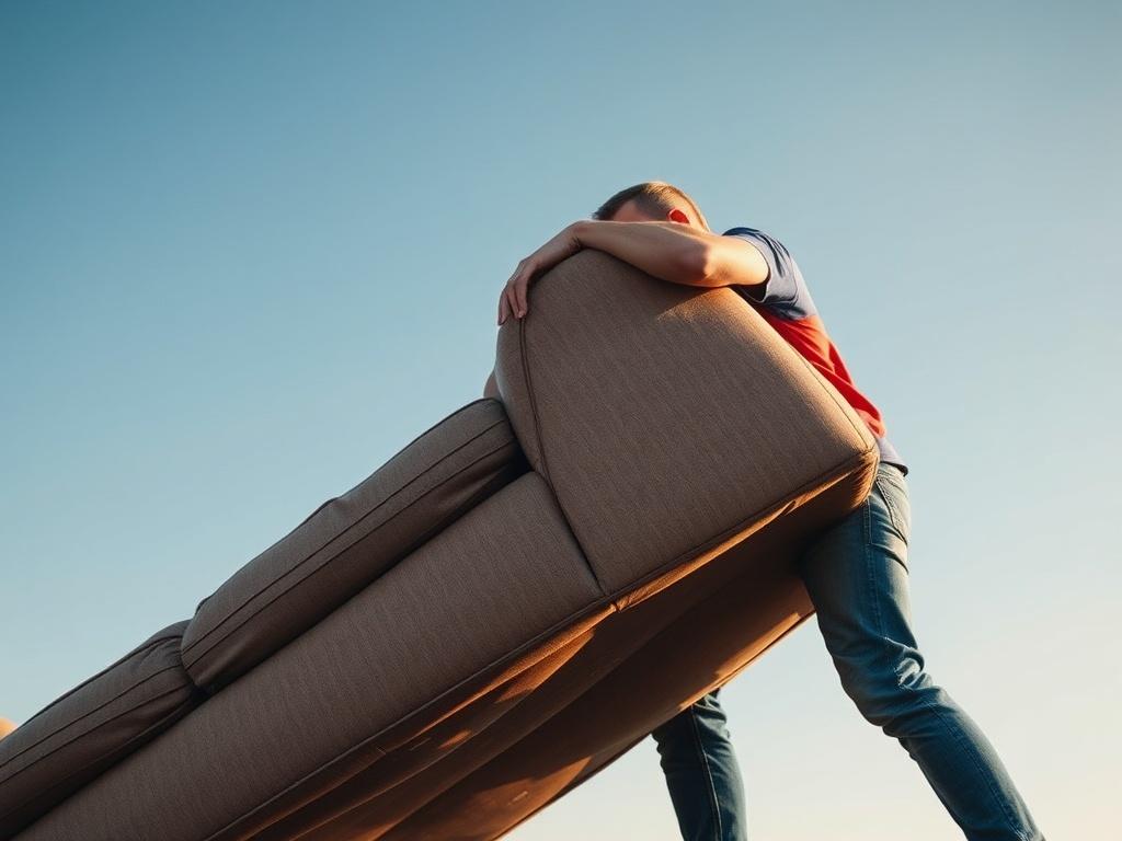 A close-up shot of a team member from Sonny Day Junk Removal lifting a large piece of furniture, like an old couch, with a clear blue sky in the background. The image should focus on the effort of the individual, showcasing their dedication to efficient junk removal.