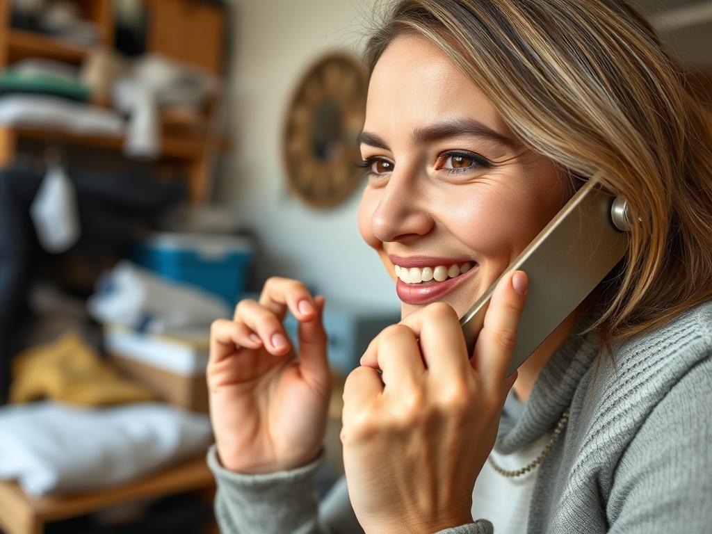 A close-up shot of a friendly person on a phone, smiling while scheduling a junk removal service, with a background showing a cluttered home setting. The image should convey a sense of ease and professionalism.