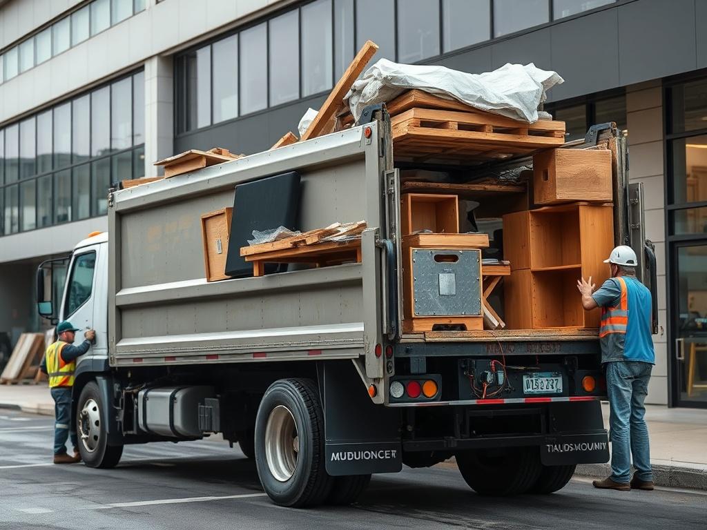 A hyper-realistic close-up shot of a junk removal truck parked in front of a commercial building. The scene captures workers loading large items like construction debris and furniture into the truck. The background shows a clean and organized workspace, emphasizing professionalism. The focus is on the workers' determination and the truck's capacity, highlighting the comprehensive nature of the haul-off service. The image should radiate efficiency and reliability, appealing to business clients.