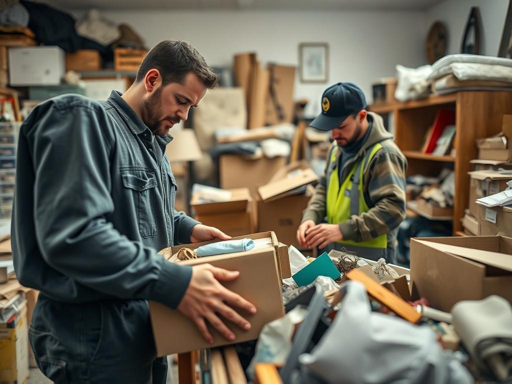 A hyper-realistic close-up shot of a junk removal team carefully sorting items in an estate cleanout. The scene showcases workers gently handling boxes and personal belongings, with an emphasis on respect and care. The background is a well-lit room filled with various items, reflecting the complexity of an estate cleanout. The focus is on the team’s dedication and professionalism, highlighting their empathy in managing sensitive situations. The image should evoke trust and reliability, ideal for family-focu