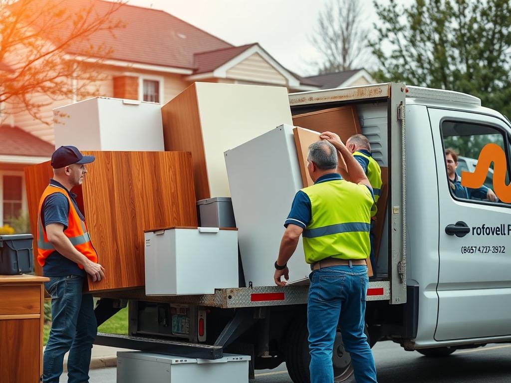 A hyper-realistic close-up shot of a professional junk removal team loading a truck with furniture and appliances. The scene captures the team in action, showcasing their uniforms and the truck with the company's logo. The background features a residential area, emphasizing a clean and organized environment. The focus is on the teamwork and efficiency of the junk removal process, highlighting the care taken in handling the items. The image is vibrant and inviting, suitable for a professional service website
