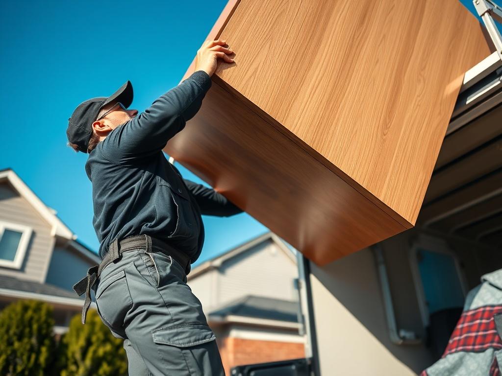 A close-up shot of a professional junk removal team member lifting a large piece of furniture into a truck. The setting is a residential area with clear blue skies, and the focus is on the team member's effort and determination. The image should convey a sense of efficiency and professionalism.