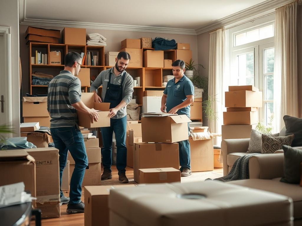 A professional junk removal team clearing out a cluttered living room filled with boxes and furniture. The focus is on the team working together to organize and remove unwanted items. The background shows a bright, open space, symbolizing a fresh start, with natural light streaming in.