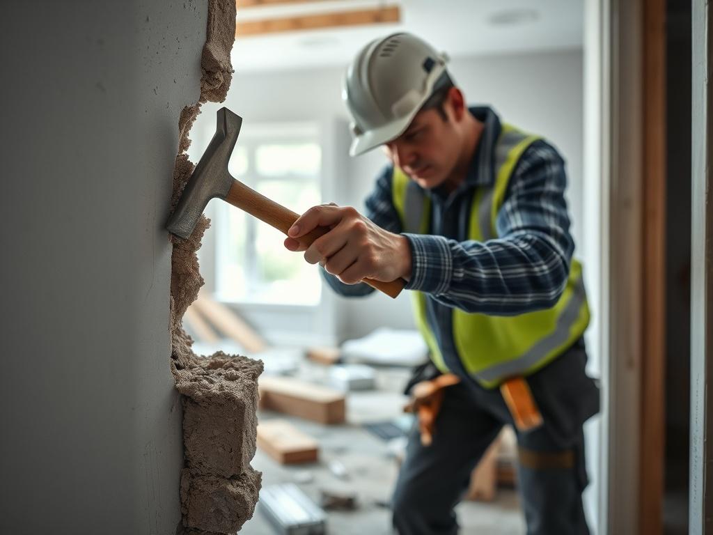 A close-up shot of a team member carefully demolishing a small interior wall with a hammer and chisel. The environment is a residential renovation site with visible debris and tools. The image highlights safety measures and a focused approach to the task, emphasizing professionalism.