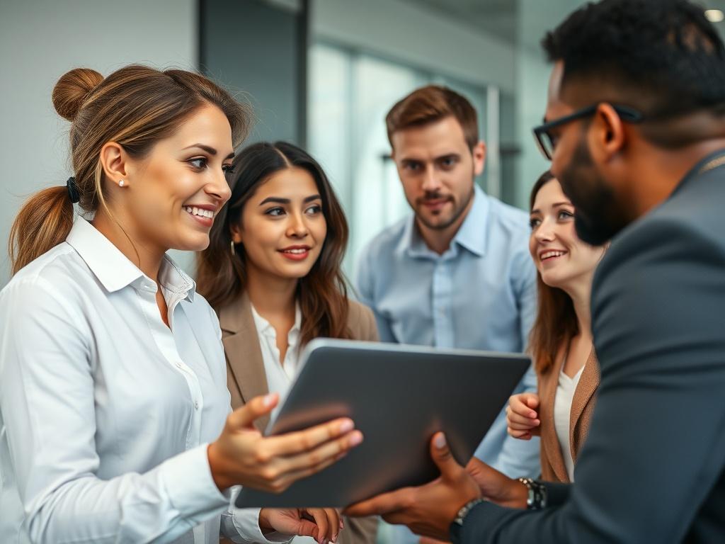 A professional setting featuring a group of diverse, majority white people discussing clinical trial recruitment, with a focus on a woman presenting data on a laptop. The background should be clean and modern, emphasizing a collaborative atmosphere.