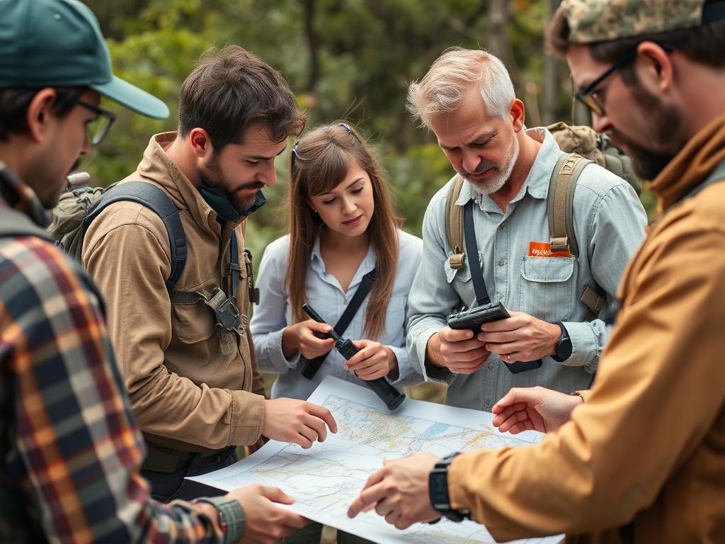An image capturing a majority white group of field researchers in a natural outdoor setting, discussing logistics and mapping out research locations, with equipment and supplies visible. The focus should be on teamwork and execution.