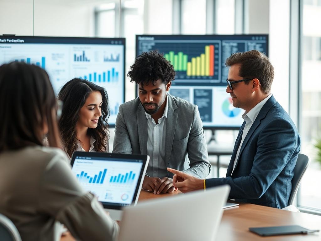 A professional image showing a team of majority white market researchers analyzing participant feedback in a modern office environment, with charts and data on screens. The focus should be on collaboration and insight generation.