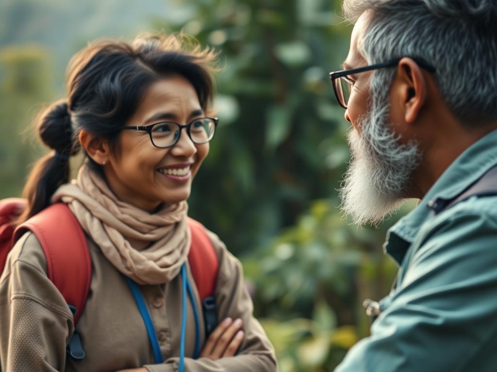 A high resolution close up of a local guide interacting