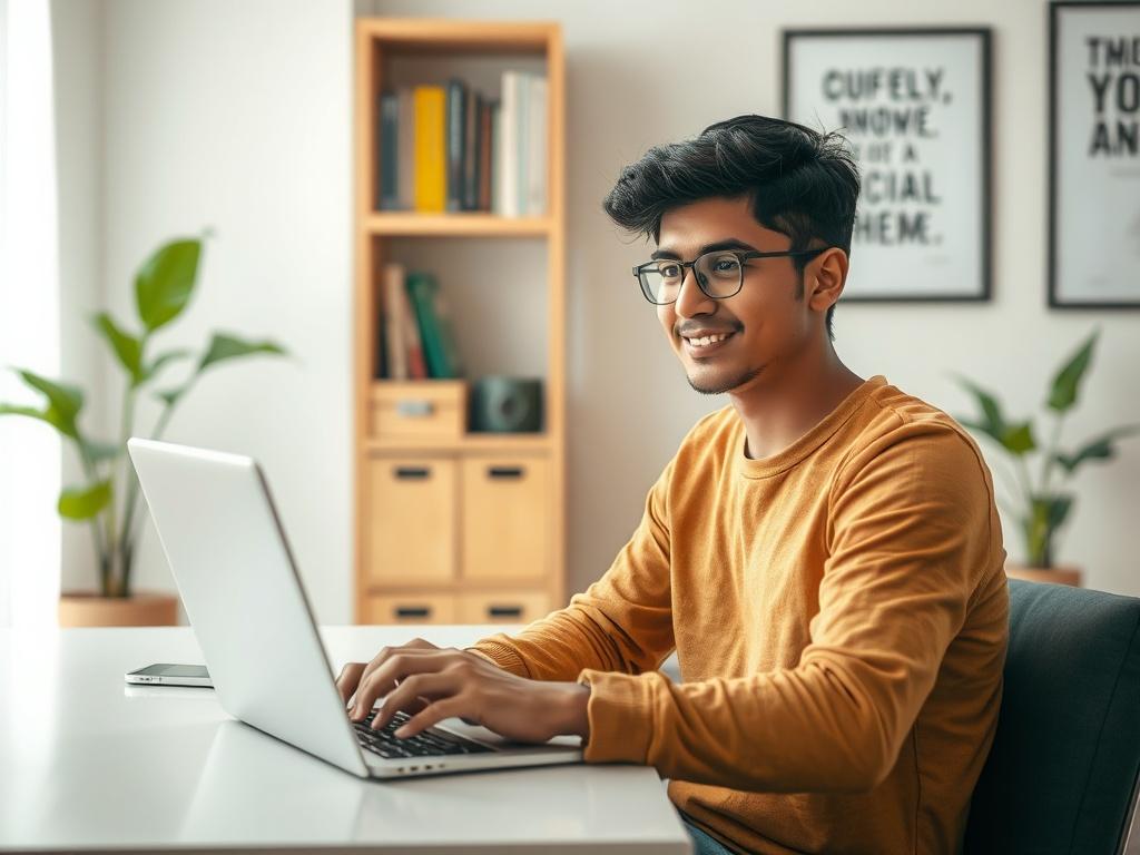 **AI Image Generation Prompt:**

Create a realistic high-resolution photo that captures the essence of "Online Spoken English Classes in Bangalore." The composition should focus on a single subject: a young adult, male or female, engaged in an online spoken English class. The individual should be shown sitting comfortably at a modern desk with a laptop open, participating in a video call. The expression on their face should convey concentration and enthusiasm, illustrating the transformative journey towards