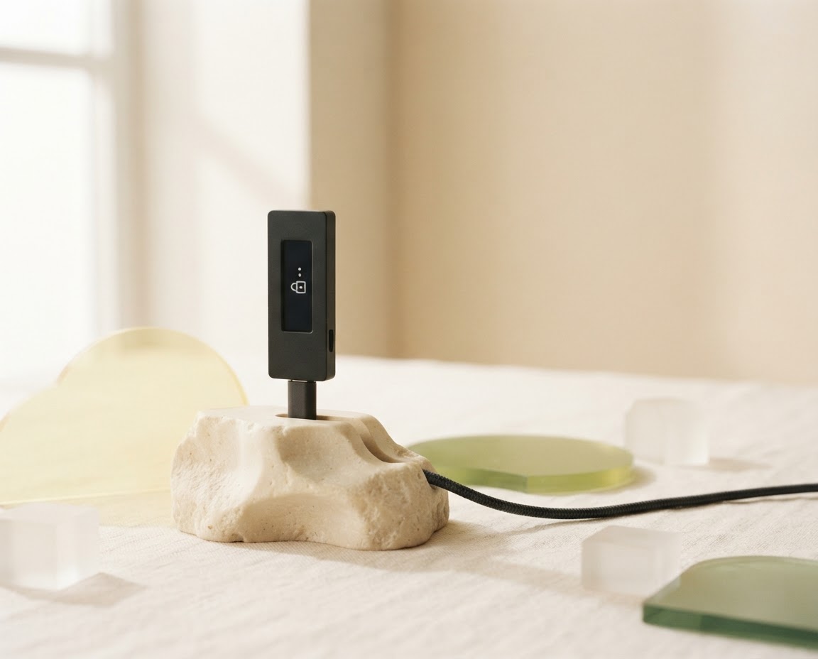 A sleek hardware wallet displayed on a sculptural stone plinth