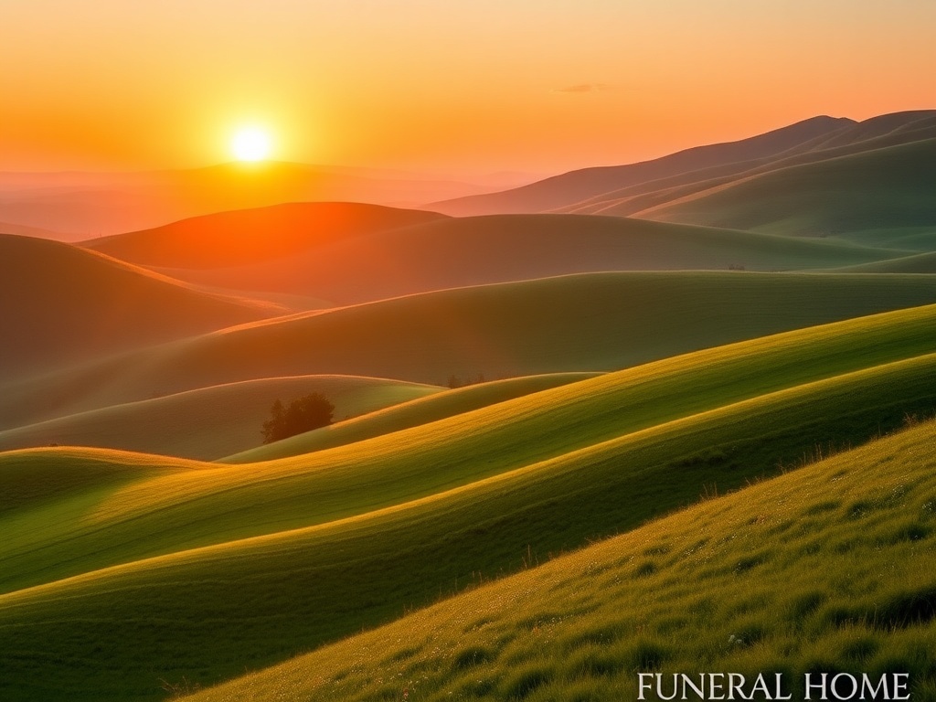 Peaceful rolling hillside landscape at golden sunset