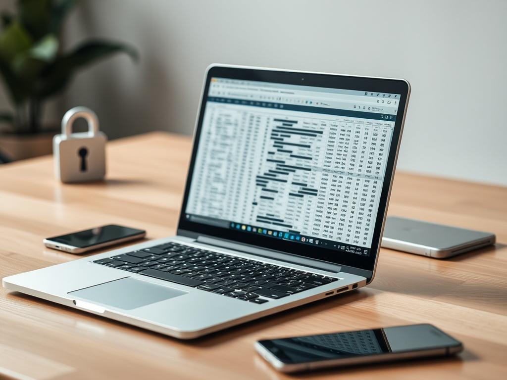 Create a realistic high-resolution photo that captures the essence of a significant data breach in the cybersecurity realm. The composition should feature a single subject: an open laptop displaying an intricate spreadsheet filled with rows and columns of data, symbolizing the exposed records. The laptop should be placed on a minimalist wooden desk, with the screen clearly showing digitized LinkedIn profile icons and blurred personal information to suggest sensitivity without being explicit. 

In the backgr