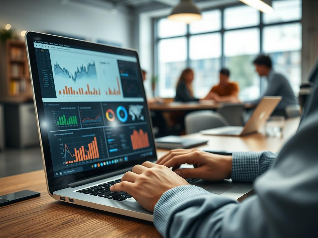 A close-up shot of a data analyst working on a laptop, visualizing data analytics through graphs and charts on the screen. The background shows a collaborative workspace with team members brainstorming. The image is captured with a 45mm f/1.2 lens style, highlighting the data-driven environment.