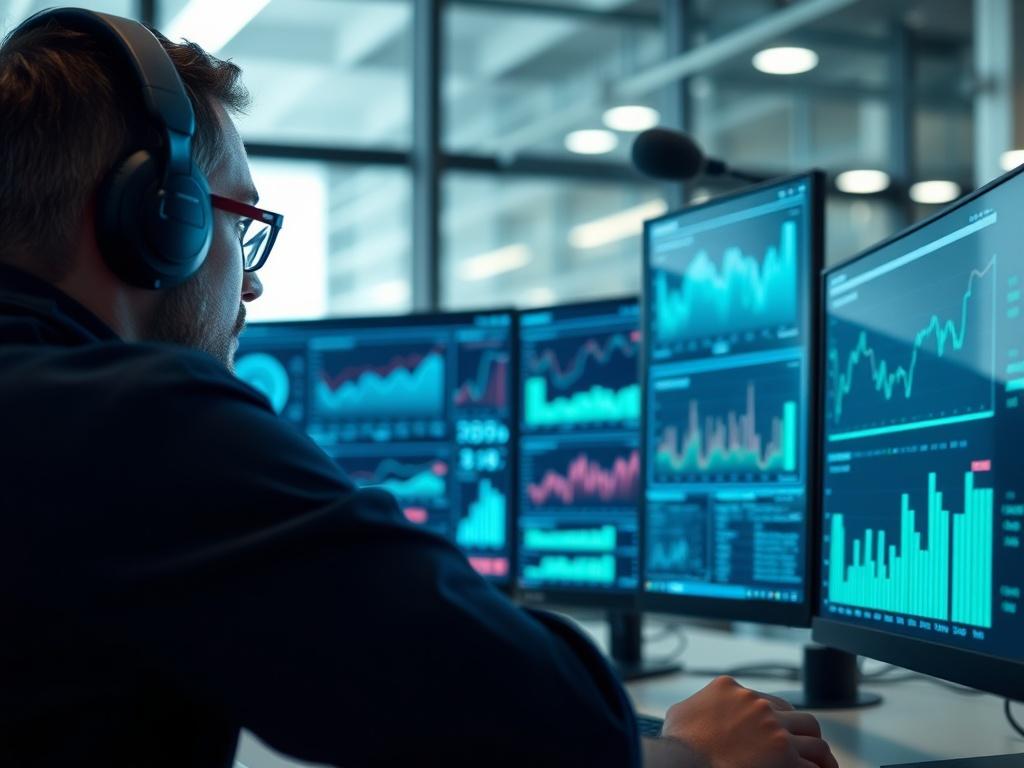 A close-up shot of a cybersecurity expert analyzing data on multiple screens, showcasing graphs and security metrics in a modern office setting. The background is blurred to emphasize the expert, with a focus on their concentration and the technology surrounding them. Shot with a 45mm f/1.2 lens style, capturing the essence of cybersecurity diligence and professionalism.