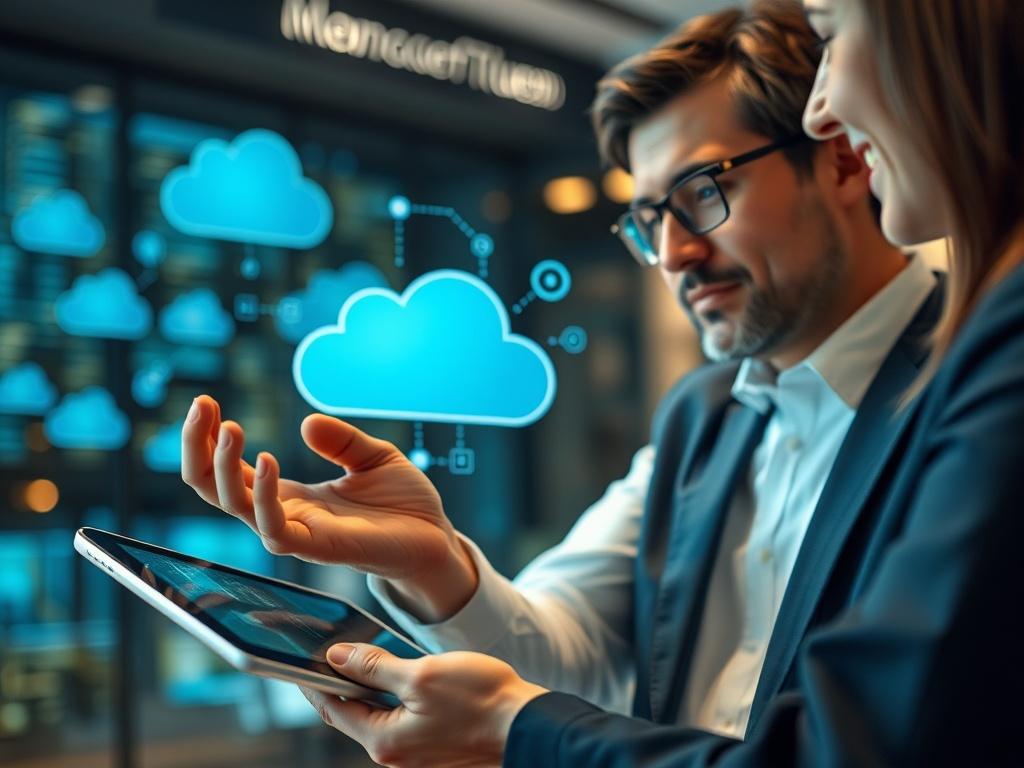 A close-up of a cloud computing consultant presenting a cloud strategy on a digital tablet. The background features modern technology and cloud icons. The consultant is engaged with a client, showcasing collaboration and innovation. The image is shot with a 45mm f/1.2 lens style, emphasizing clarity and professionalism.
