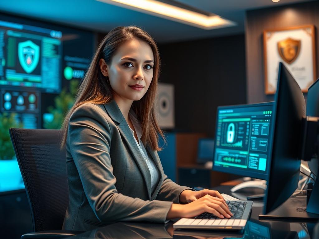 **AI Image Generation Prompt:**

Create a realistic, high-resolution photo focusing on the theme of "Cybersecurity Awareness." The image should depict a single subject, such as a confident business professional, a mid-30s Caucasian woman in business attire, sitting at a modern desk with multiple screens displaying cybersecurity-related graphics (like a firewall interface or security monitoring dashboard). 

The room should have a sleek, professional ambiance, with blue and green lighting tones to evoke a hi