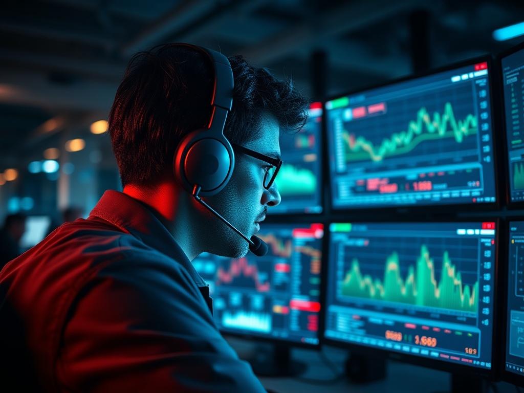 A hyper-realistic close-up shot of a cybersecurity professional analyzing data on multiple screens, displaying graphs and alerts. The background should be a modern, high-tech office environment with dim lighting, emphasizing the seriousness of cybersecurity. The focus should be on the individual, wearing a headset, deeply engaged in monitoring cyber threats, creating a sense of urgency and expertise. Use colors that align with the rgb(50, 170, 39) primary color.
