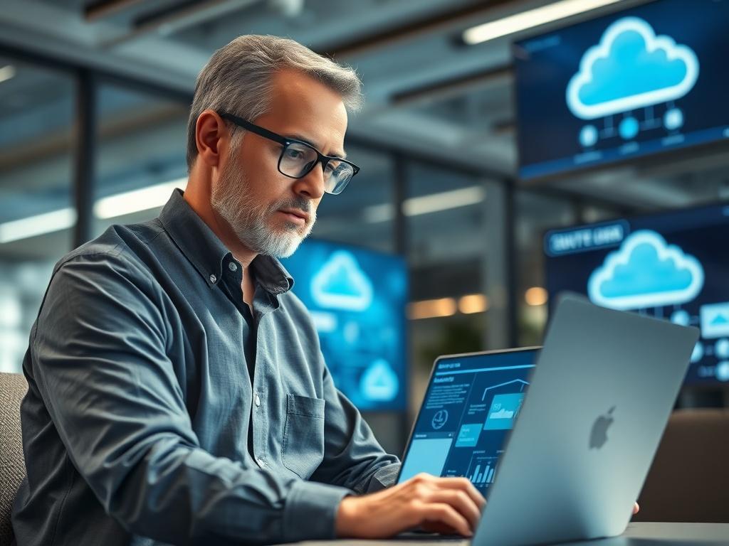 A realistic high-resolution image of a cloud computing consultant working in an office environment. The consultant, a professional middle-aged person with glasses, is analyzing cloud data on a laptop. The background features a modern office with digital screens displaying cloud architecture diagrams. The lighting is bright and focused on the consultant, capturing a sense of expertise and innovation, with a color palette that incorporates the primary color rgb(50, 170, 39).