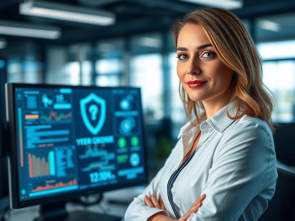 A close-up shot of a confident female cybersecurity consultant in a business setting, showcasing her expertise and professionalism. She is standing in front of a computer, with cybersecurity-related graphics displayed on the screen. The background is a modern office environment, emphasizing a high-tech, secure atmosphere. The image should be vibrant with a primary color of rgb(50, 170, 39), and captured with a 45mm f/1.2 lens style for a hyper-realistic effect.