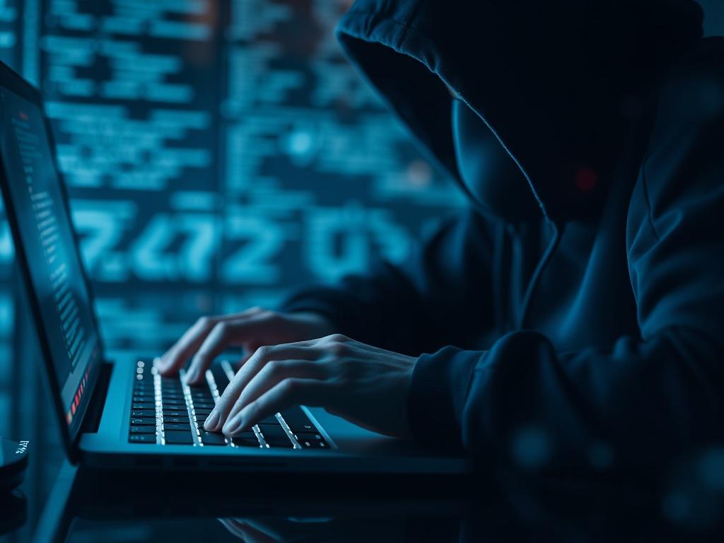 **AI Image Generation Prompt:**

Create a realistic high-resolution photo that visually represents the theme of cybersecurity and hacking, specifically focusing on a single hacker silhouette engaged in unauthorized system access. The composition should feature the hacker as the sole subject, positioned in the foreground, slightly to the left, to create a dynamic balance within the frame. 

The hacker should be dressed in a dark hoodie, obscuring their face in shadows, symbolizing anonymity and secrecy. Thei