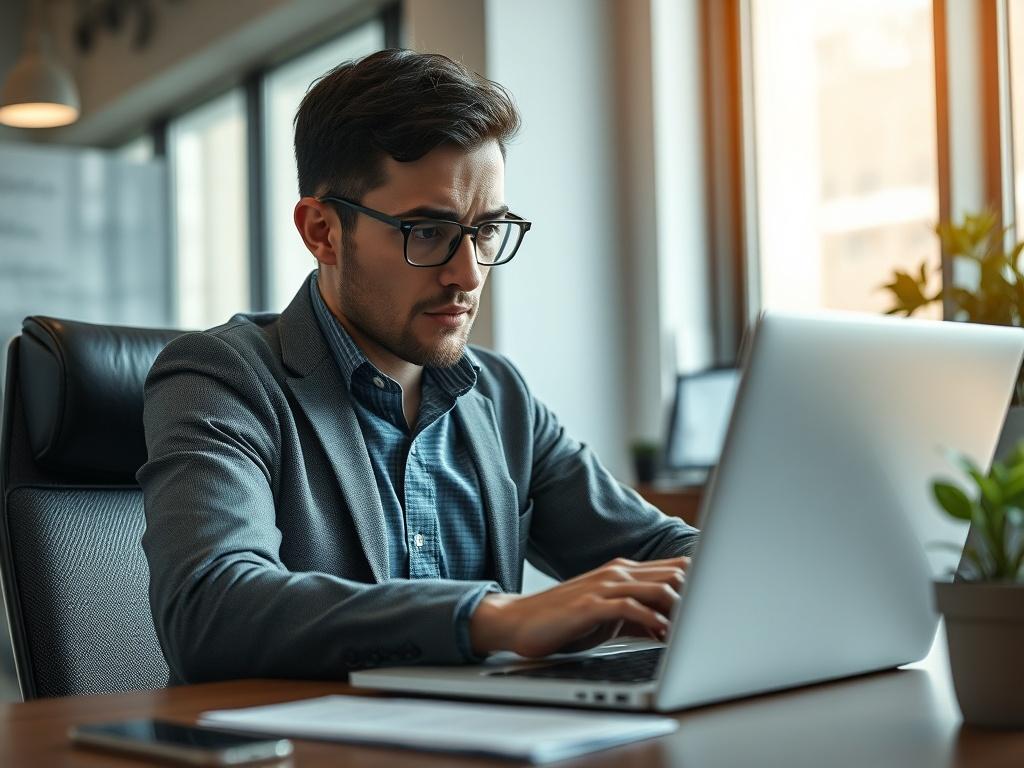 **AI Image Generation Prompt:**

Create a highly realistic high-resolution close-up image that embodies the theme of cybercrime related to phishing attacks. The primary subject should be a concerned business professional seated at a desk, attentively examining an email on their laptop screen. The email should be visibly marked as suspicious, suggesting the topic of hacked Mimecast links used to distribute fake SharePoint and DocuSign emails.

**Composition Details:**
- The image should feature only the busi