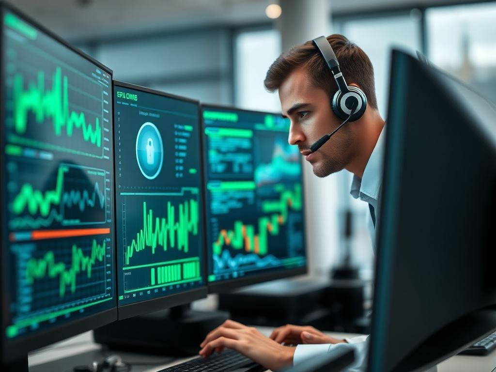 A hyper-realistic close-up of a cybersecurity consultant working on a computer, showcasing high-tech interfaces and security analytics. The consultant is focused, wearing a headset, with a professional appearance. The background is slightly blurred, emphasizing the subject while hinting at a modern office environment. The color palette includes shades of green and gray, aligning with the RGB(50, 170, 39) primary color.