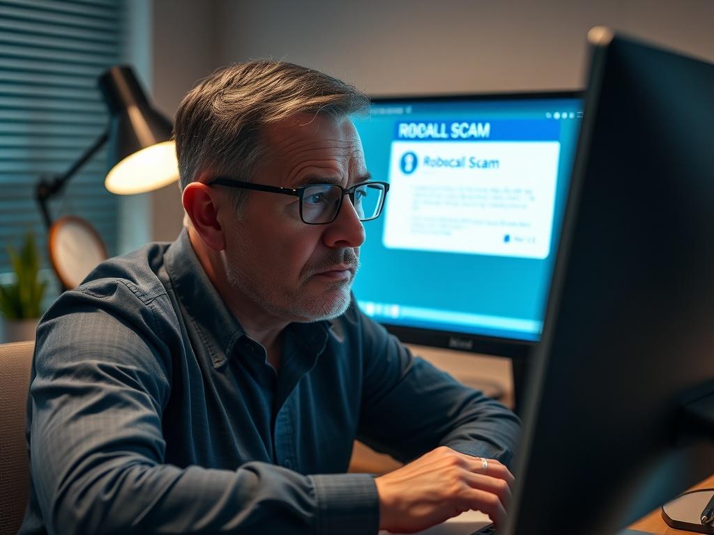 **Image Generation Prompt:**

Create a hyper-realistic, high-resolution image focusing on a single subject: a concerned individual sitting at a desk, looking at a computer screen displaying an alert about a robocall scam. The person should be a middle-aged man, wearing smart-casual attire, with a furrowed brow to convey worry and frustration. 

In the background, there should be subtle hints of office decor—perhaps a small plant and a notepad with a pen, to suggest a professional yet informal work environme