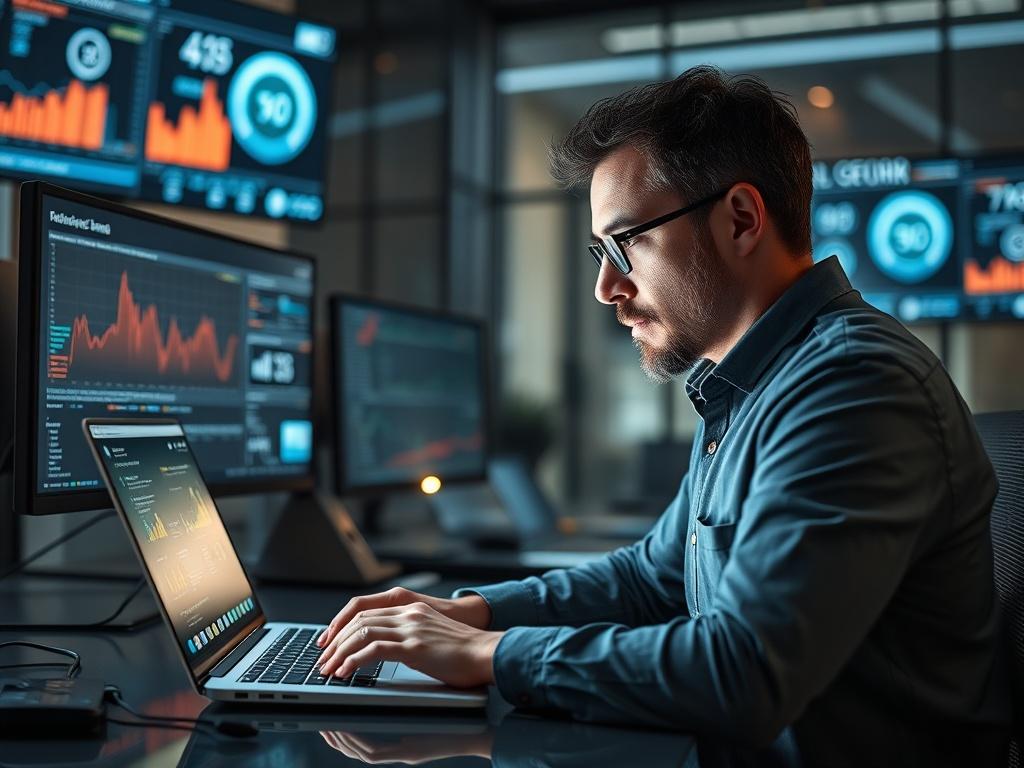 A close-up shot of a cybersecurity expert working on a laptop, surrounded by security tools and monitors displaying data analytics. The setting is a modern office with soft lighting, emphasizing a professional and secure environment. The focus is on the expert's concentration and the high-tech atmosphere, with a clear view of the laptop screen showing security software in action. The primary color theme should align with rgb(50, 170, 39), conveying a sense of safety and innovation.