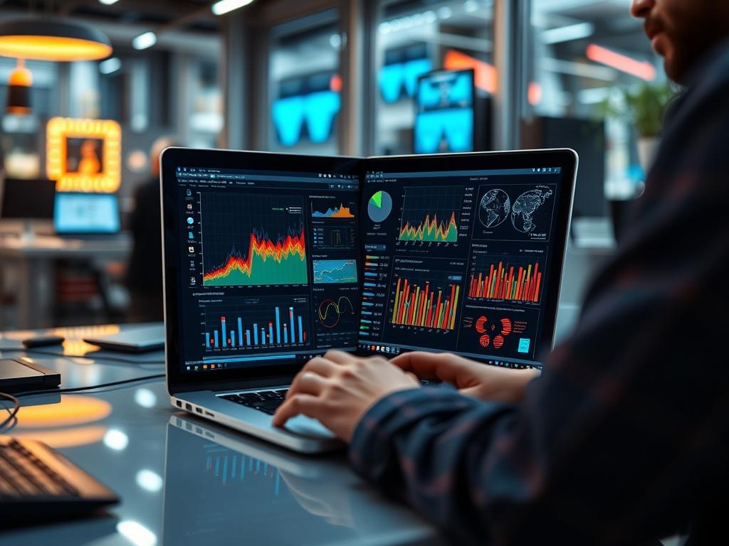A close-up shot of a data analyst working on a laptop with complex data visualizations displayed on the screen. The background features a modern workspace filled with technology, conveying a sense of innovation. The lighting is bright and should complement the rgb(50, 170, 39) primary color.