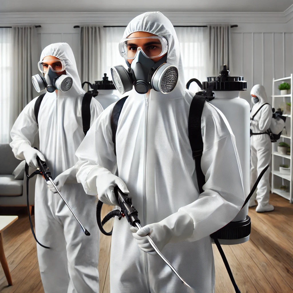 dall·e 2024-12-19 12.08.46 - professional pest control workers in action. the workers are wearing protective uniforms, masks, and gloves, holding spraying equipment to treat pest .webp