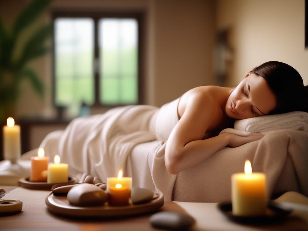 A serene spa setting with soft lighting and calming colors