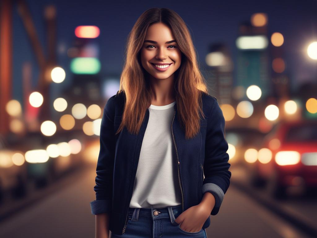 A stunning young woman with a vibrant smile, dressed in