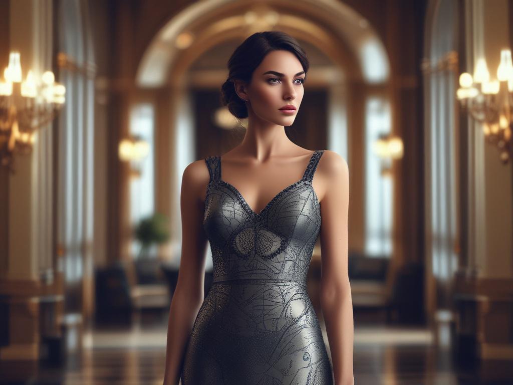 A glamorous model gracefully posing in a chic outfit, with
