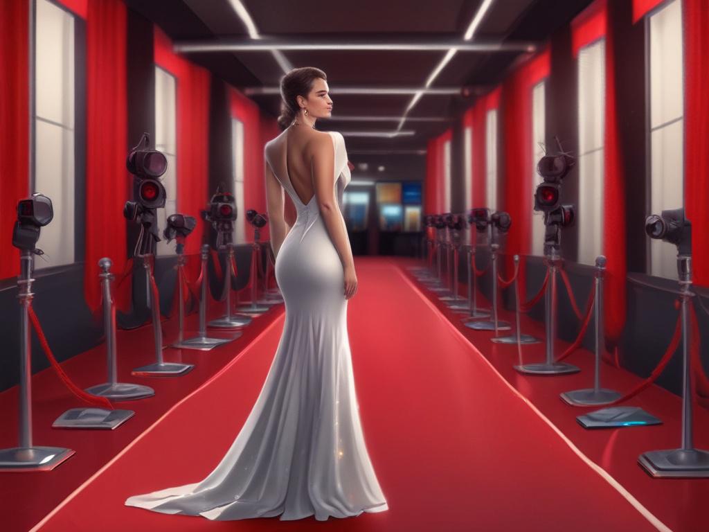 A glamorous actress in a stunning evening gown, standing confidently