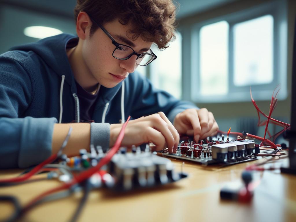 A close-up shot of a high school student engaged in an electric circuits experiment, showcasing intricate circuit components like resistors and wires. The background is softly blurred to emphasize the student's focused expression as they connect wires, with warm natural light illuminating the scene, creating an inviting and educational atmosphere. The image should reflect the primary color rgb(243, 210, 80) subtly in the scene.