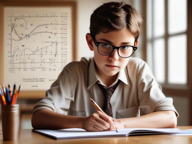 Create a realistic high-resolution photo of a young student, around 12 years old, deeply engaged in solving a mathematical equation on a clean, polished wooden desk. The student, a girl with dark curly hair, is wearing a soft yellow sweater that matches the primary color of the website, (rgb(243, 210, 80)). Her focused expression conveys determination and curiosity as she leans closer to a math workbook filled with colorful diagrams and examples.

In the background, softly blurred bookshelves filled with ed
