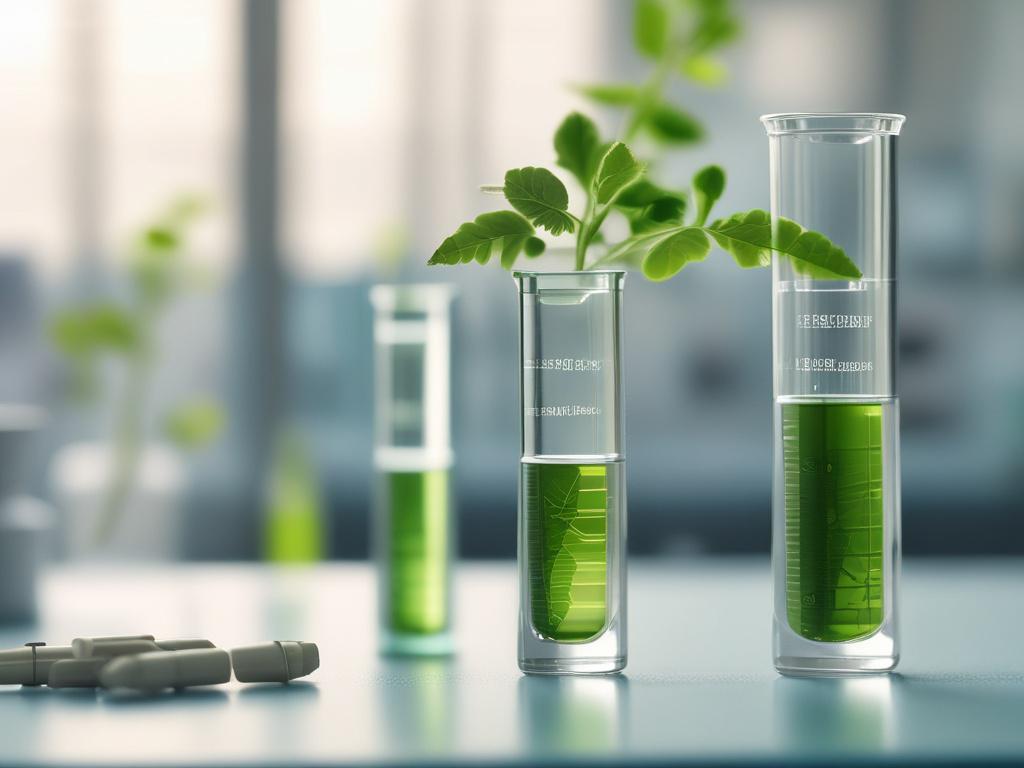 A hyper-realistic close-up shot of a clear test tube containing extracted plant DNA solution, set against a softly blurred scientific laboratory background. The test tube should be the main focus, showcasing the clarity and color of the DNA solution, while the background subtly hints at lab equipment like pipettes and Petri dishes, all rendered with a sharp focus that captures intricate details.